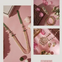 This 'Feminine' themed jewelry collage uses soft pinks, delicate fabrics, and flower petals to create a gentle and romantic mood, perfectly complementing the pearl and diamond pieces.