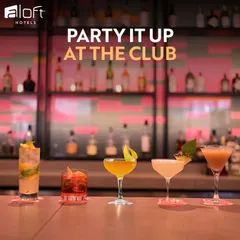 A lineup of colorful, expertly crafted cocktails at Aloft Hotels. This image showcases the premium beverage offerings available at our partner establishments.