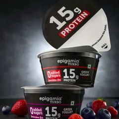 An experimental shot for Epigamia's Turbo yogurt, using a low angle and stacked composition. This approach creates a heroic and bold look for the product, emphasizing the "15g Protein" callout on the packaging.