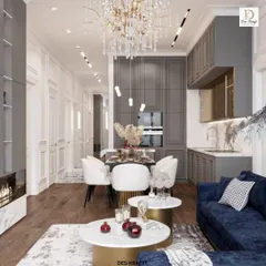 This angle highlights the seamless transition from the living area to the sophisticated grey modular kitchen, unified by hardwood floors and classic wall paneling.