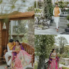 A collection of moments from a Mehendi, including the couple on a traditional swing and individual portraits in a beautiful glasshouse setting.