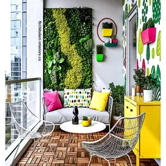 Color can be used in bold, graphic ways. This balcony features a funky patterned wallpaper, a bright yellow cabinet, and colorful cushions. The design is balanced by a textured green wall and modern wireframe chairs.