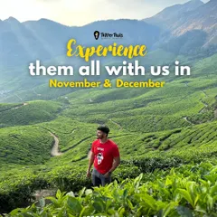 Experience them all with us in November and December. A traveler stands in the lush tea fields of Munnar, inviting you to join our year-end trips.