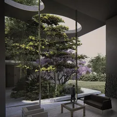 A conceptual view from inside Residence C in New Delhi. The design frames the garden as a living part of the home. Large glass walls and openings in the roof create 'islands of light' and dissolve the barriers between the interior living area and the lush courtyard, making nature an ever-present element of daily life.