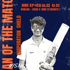 Here is Nishit Balla celebrated as "Man of the Match" for his all-round performance in the Corporation Shield. He scored a quick 43 runs and took a crucial wicket, showcasing the kind of versatile and impactful player I aim to develop.