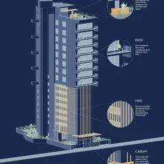 An axonometric illustration of The Bandra Project, detailing key architectural features like the rooftop terrace garden, residential decks, façade fins, and entrance canopy.