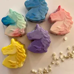 Another look at the vibrant unicorn soaps. The detailed design and kid-safe ingredients make them a gift you can feel good about giving.