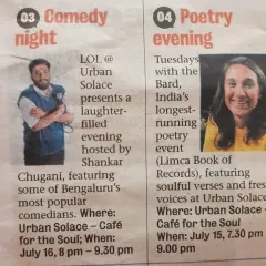We were thrilled to be featured in the Bangalore Mirror. This clipping highlights our two landmark events: our comedy night and 'Tuesdays with the Bard', India's longest-running poetry event, as recognized by the Limca Book of Records. This is a testament to our 15-year legacy.