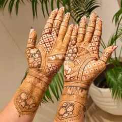 A gorgeous bridal design featuring a mix of royal elements. One hand has a beautiful peacock, while the other has a majestic elephant, both surrounded by jaali patterns.