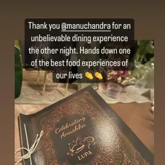 A personalized menu designed for Anushka Sharma's birthday dinner, shared by Virat Kohli. It was a joy to create an exquisite setting for such a special occasion, ensuring every detail reflected the celebratory mood.