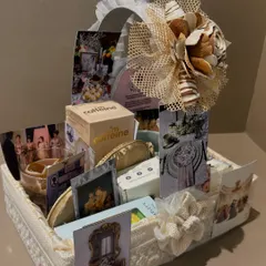 Another angle of the Bridgerton hamper, showing the careful arrangement of gifts and decorative elements that capture the show's romantic aesthetic.