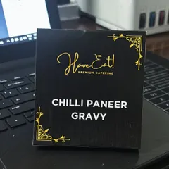 A custom-designed, elegant name tag for 'Chilli Paneer Gravy', reflecting our professional and branded approach to every detail.