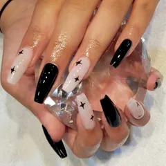 From a Pinterest pin to perfectly polished nails. A client wanted these cool, coffin-shaped nails with alternating black and sheer nude with black stars, and I delivered the look.