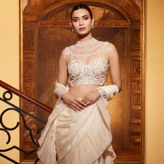 The stunning Diana Penty draped in the opulence of my Kairi Saree Set. The intricate high-neck blouse and ruffled drape tell a tale of pure, sophisticated luxury.