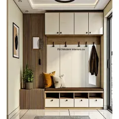 A complete entryway solution designed for maximum organization. This unit includes a cushioned bench with pull-out shoe drawers, coat hooks, and extensive overhead cabinets for storing seasonal items. The wood slat accent wall adds a touch of modern warmth.