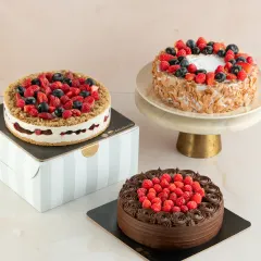 A trio of our beautiful berry cakes. You can see the Raspberry Chocolate cake, the Mixed Berry Cheesecake, and the Mixed Berry Gateau with toasted almonds.