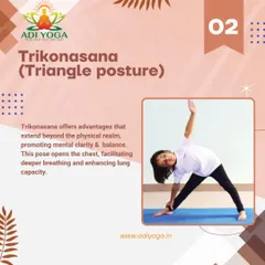 Here we see the Trikonasana, or Triangle Pose. This pose helps kids improve mental clarity and balance, while opening the chest to encourage deeper breathing and increase lung capacity.