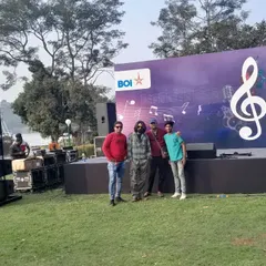 An outdoor stage setup for a corporate event for Bank of India. We can perform in any setting, from indoor ballrooms to open-air venues, complete with our own sound and lighting arrangements.