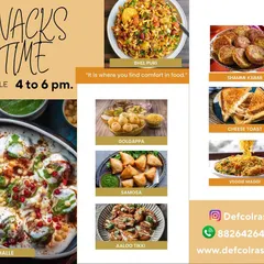 Our "Snacks Time" menu, available from 4 to 6 pm, featuring popular evening snacks like Dahi Bhalle, Bhel Puri, and Samosa.