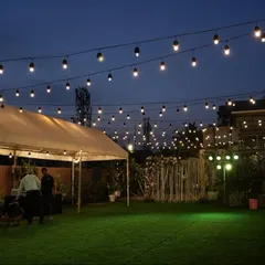 The Terrace Garden at dusk, with string lights creating a magical canopy over the lush green lawn and rustic decor.