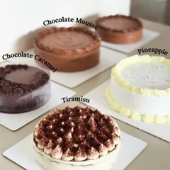 A showcase of this month's flavor highlights in mini cake form. Here you can see my Chocolate Mousse, Chocolate Caramel, Tiramisu, and Pineapple cakes.