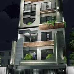 A unique facade design that explores the interplay of curves and voids within a concrete structure. The curved cutouts create visual interest and soften the building's massing, complemented by integrated planters.
