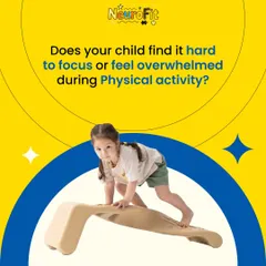Does your child find it hard to focus or feel overwhelmed during physical activity? This is a common challenge we help address. Here, a child engages with a balance board, an activity that improves focus and motor control in a playful way.