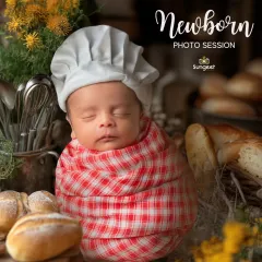 Our little baker, fresh from the oven! This adorable chef-themed newborn shoot is one of our most requested setups, complete with a chef's hat, bread props, and a cozy wrap.