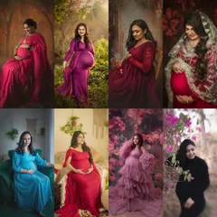 This collage showcases the wide variety of maternity looks I offer, from traditional Indian wear and outdoor nature shoots to glamorous studio gowns and cozy boho sessions.