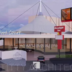 A perspective of the food court entrance, illustrating how the open and welcoming design invites travelers to stop and rest. The glass facade provides a clear view of the interior dining space.
