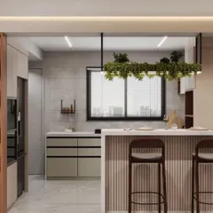 A modern kitchen design centered around an elegant island with a breakfast bar. This space combines sleek, handleless cabinetry with open shelving and a statement hanging planter, balancing functionality with contemporary aesthetics.