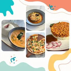 A collage of our gourmet offerings for parents, including Thai curry, pizza, and shepherd's pie.