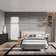 I love creating cozy bedrooms layered with textures and neutral tones. This design uses horizontally-paneled grey walls, a sculptural black dresser, and warm wooden floors to create a sophisticated and calming space with a beautiful city view.