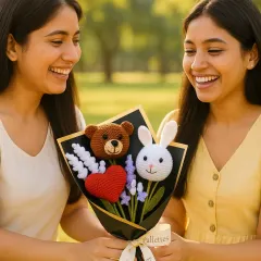 Cuteness overload! This playful bouquet combines a crochet teddy bear, a bunny, and a heart with lavender stems for a truly unique and adorable gift.