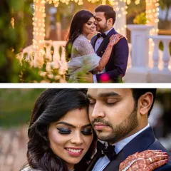 A diptych capturing both a wide and a close-up view of the couple's reception look. The top photo shows their romantic dance, while the bottom focuses on their serene, happy expressions.