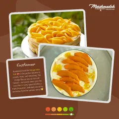 A customer favourite from the summer menu, the Mango Misu Tub. This collage shows the beautiful mango rose on top and a glowing review about its refreshing and natural flavour.