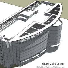 An early 3D render of the Infotech Centre, showing how we translated the initial sketches into a digital form. This step was crucial for shaping the vision and setting the foundation for the building's massing and structure.