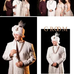 A collage dedicated to the groom, showing him getting ready and posing with his family. The portraits capture his happy smile and the pride of his family on the wedding day.