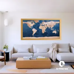 A large, framed 3D world map relief sculpture designed as a centerpiece for a living room. The continents are raised, and the ocean floor is textured to show bathymetric details.