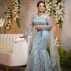 For a reception, you need to shine. I designed this stunning ice-blue mermaid-cut lehenga, fully embellished with sequins, for my client Supriya. It’s modern, glamorous, and made for a night of celebration.