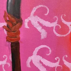 A detail shot of the sickle itself. I used a handmade stencil for the background pattern, leaving its meaning open to interpretation while grounding the piece in my identity as a raging feminist.