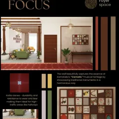 The foyer sets the tone for the home. Here, I used durable Kotta stones for the high-traffic area and created a feature wall with art showcasing Carnatic musical instruments, immediately grounding the space in the family's cultural passions.