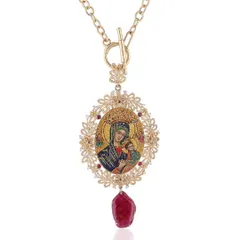 A micromosaic pendant depicting Madonna and Child, handcrafted in 18k gold with a lace like frame of natural diamonds and Mozambique rubies. A piece celebrating love and connection, perfect for the festive season.