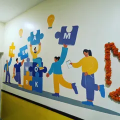 A "Teamwork" themed mural we painted for the corporate offices at Taj Bangalore. This clean, graphic style is perfect for office interiors and reinforcing company values.
