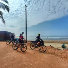 There's nothing like the feeling of the sea breeze as you cycle along India's stunning west coast. This shot from our 10-day Mysore to Goa adventure captures a moment of pause, taking in the pristine beaches and endless ocean views before we pedal on.