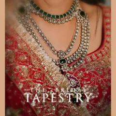"The Bridal Tapestry." A close-up on a bride's stunning layered necklace, showcasing the intricate details of her wedding jewelry.