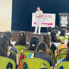 Pavitra Khattri, a Brainobrain graduate, confidently addressing an audience. His journey includes winning accolades at city, state, and international levels, showcasing the public speaking skills we nurture.