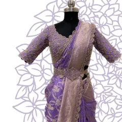 The lavender saree set on a mannequin, showcasing the complete look.