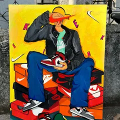 This 3-foot canvas painting was a custom commission for a sneakerhead. The artwork features a character surrounded by iconic Nike sneakers and shoeboxes, all done in a bold, graphic style.