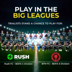 This is our clear, structured pathway to professional football. Players start at Rush FC in the BDFA C-Division and top performers are promoted to the BTM FC first team to compete in the KSFA A-Division, where talent scouting happens.